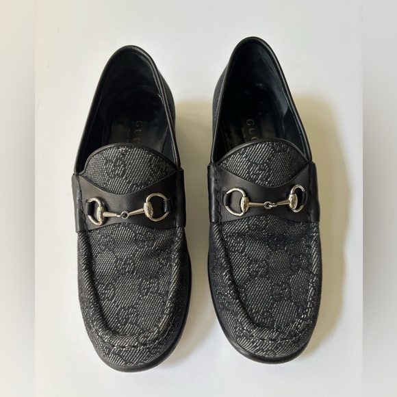 Gucci Women’s Horsebit Logo Loafer | Size 6.5 | Grey & Black Denim - Picture 1 of 5